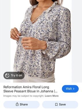 Reformation Floral Ruffle-Trim Long Sleeve Blouse - Blue on White Size Small